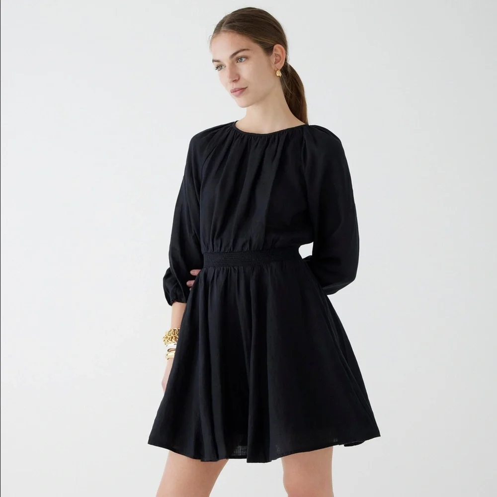NEW J. CREW BLACK LINEN POLERMO SMOCKED WAIST MINI DRESS SZ S SMALL